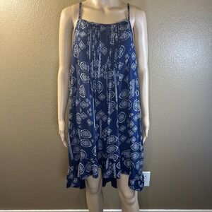 Navy Blue White Medallion Print Pintuck Ruffle High Low Rayon Sundress RN 31104
